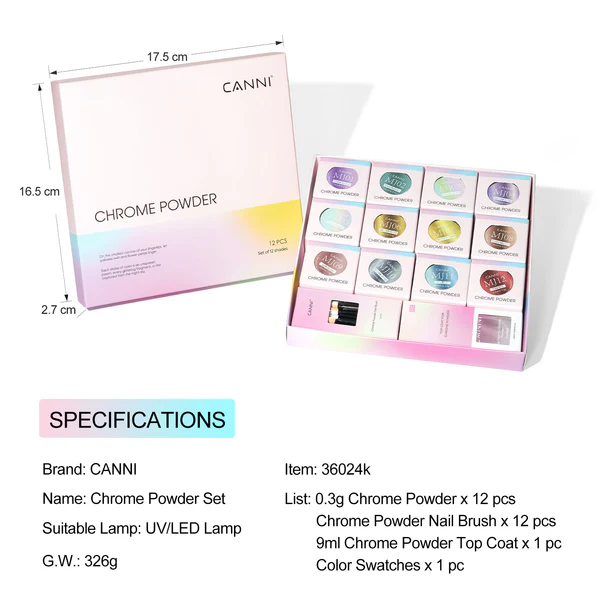 CANNI - Chrome Powder szett - 12db krómpor + Chrome Powder Top Coat 9ml 2