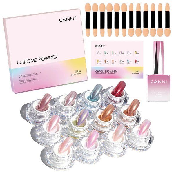 CANNI - Chrome Powder szett - 12db krómpor + Crome Powder Top Coat 9ml